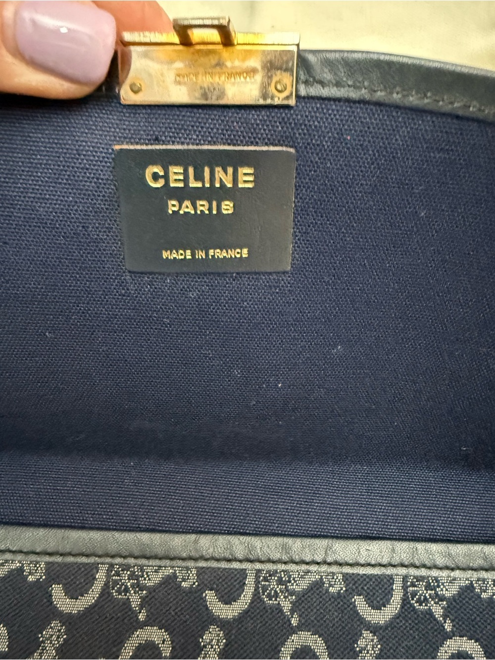 Celine Navy and Cream Triomphe Canvas Chain Shoulder Bag - Picture 2 of 9